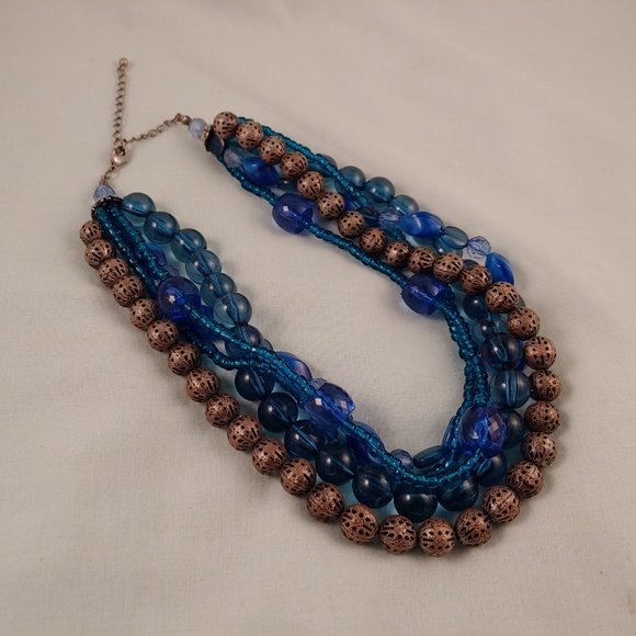 Multi-Strand Layered Beaded Necklace Blue Silver 5 Strands 15"-18" - Picture 6 of 8